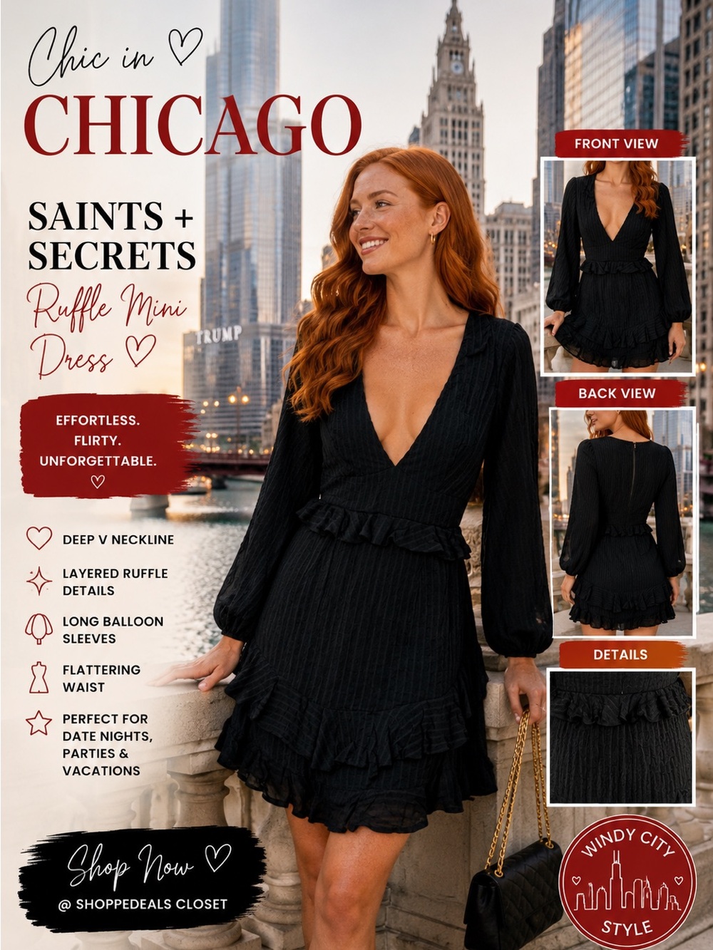 Saints + Secrets Black Ruffle Mini Dress Size L
